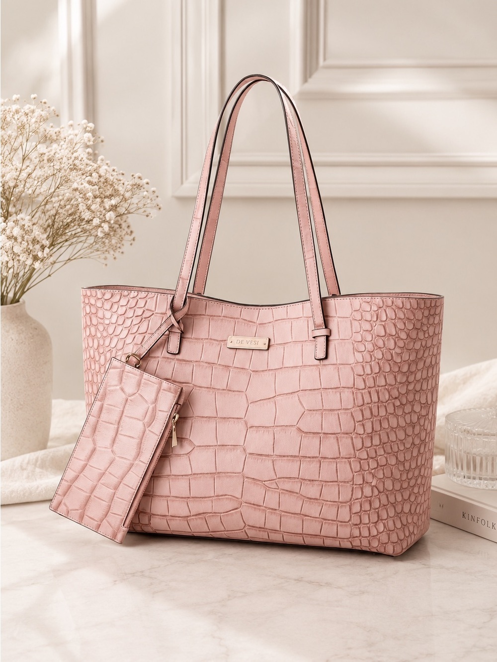 De Vesi Pink Croc Embossed Leather Tote Shoulder bag Structured bag